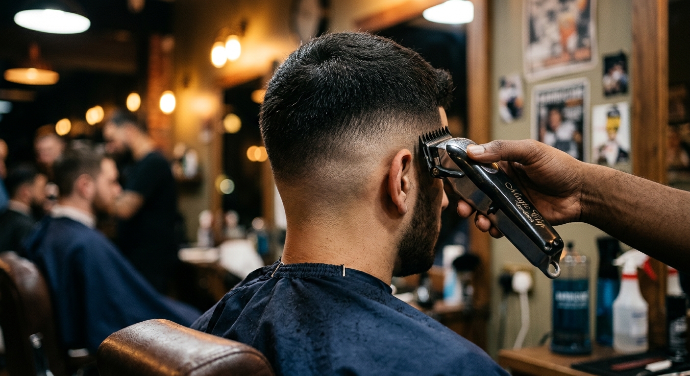 Close-up of a fresh skin fade taper on a male client