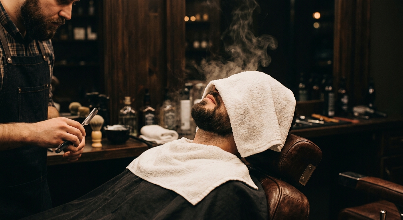 Hot towel being applied during a traditional straight-razor shave