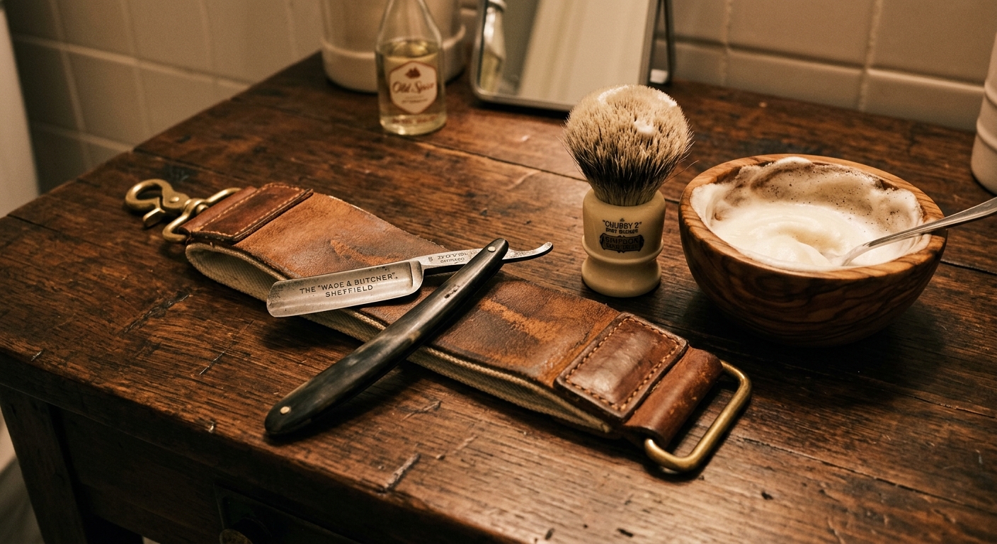 Straight razor laid on a leather strop next to a shaving brush