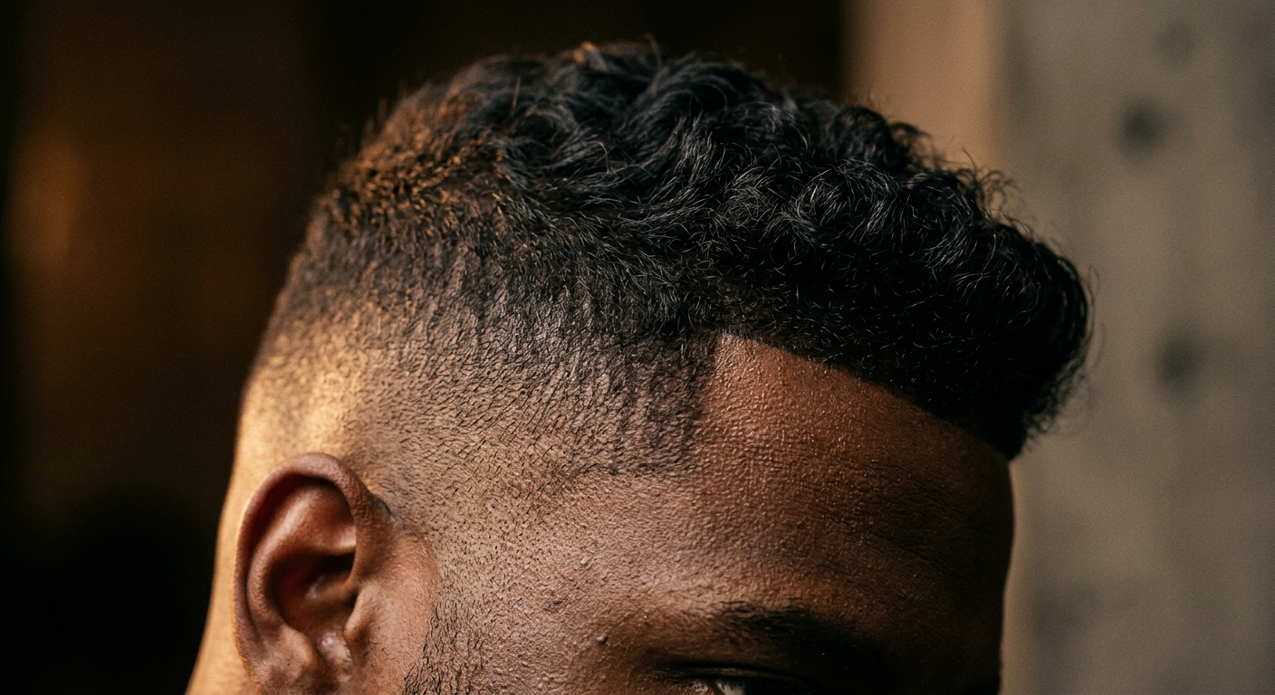 Detail of a crisp fade blended into longer hair on top