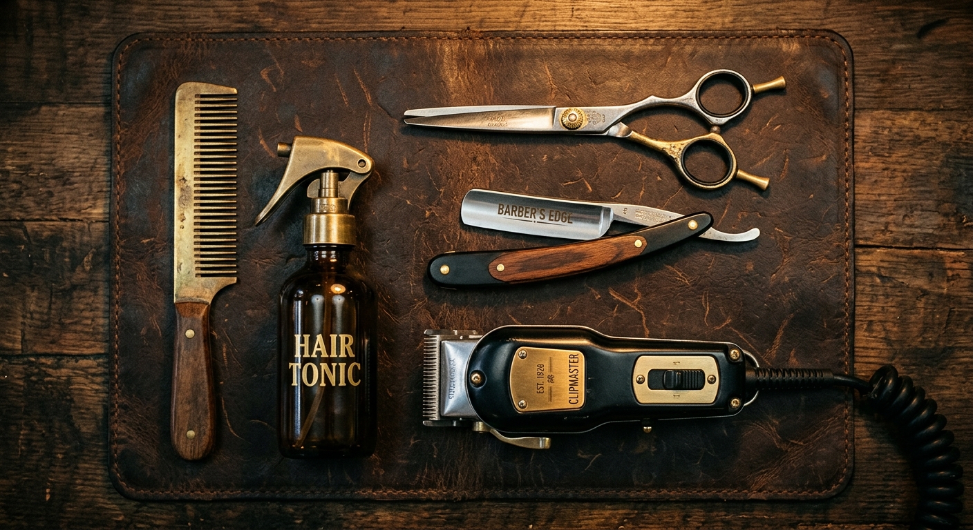 Shears, comb and clippers laid out on a leather mat