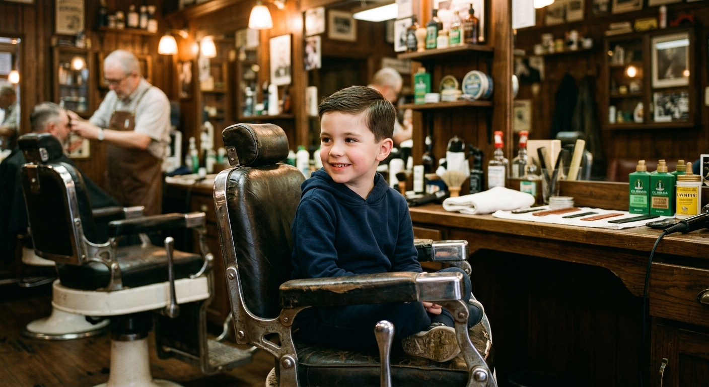 Young boy after his haircut at K&N Barber, smiling in the chair